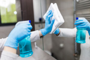Medical facility cleaning staff disinfecting hospital surfaces