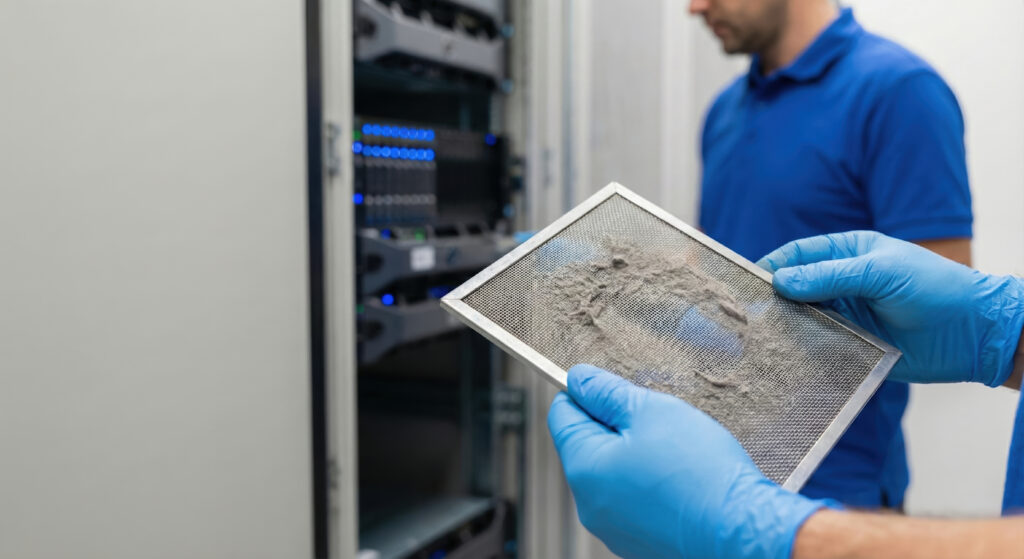 Technician wearing blue gloves holds a dusty air filter in front of a server rack in a data center setting.